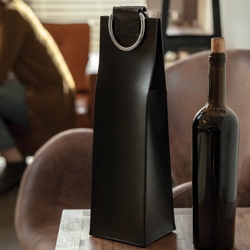 Black Faux Leather Single-Bottle Wine Tote